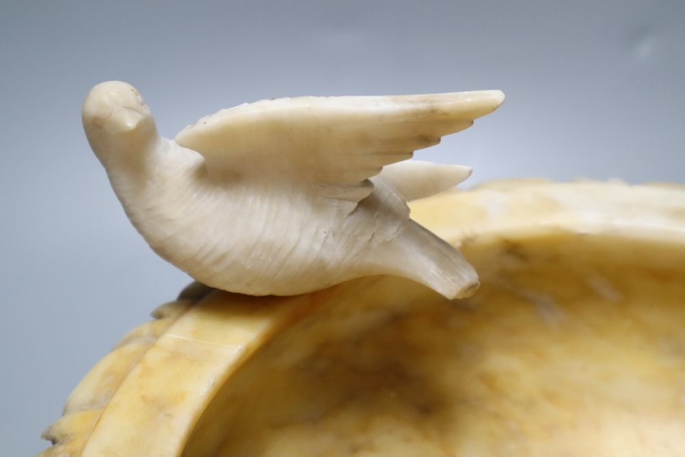 An Italian alabaster Doves of Pliny urn, 26cm diameter